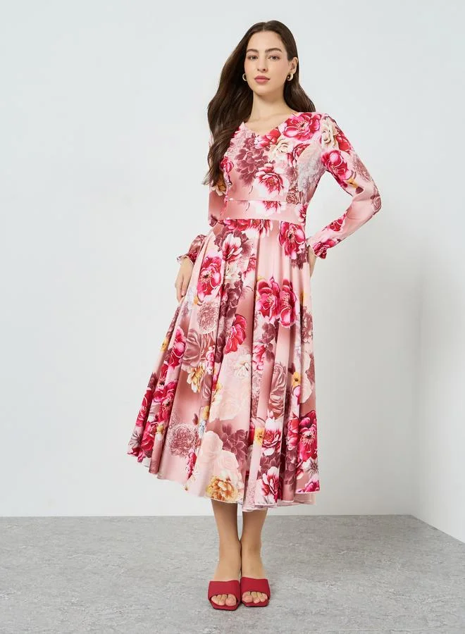 تايك تو فستان ميدي بكسرات وياقة بفتحة رقبة ونقشة زهور للنساء